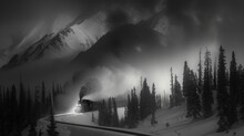A Black And White Photo Of A Train Coming Down The Tracks Snow With Mountains And Trees Background.