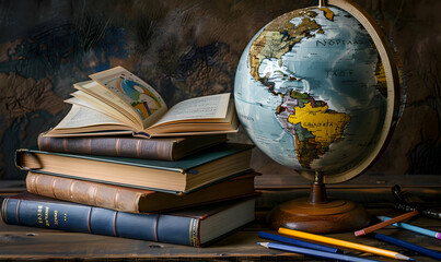 photo front view of stacked books, an earth globe, an open book and pencils for education day