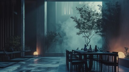 Poster - a table and chairs in a room with a tree middle of the room and fog background.