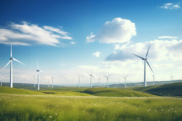 Wind farm with high wind turbines for generation electricity.