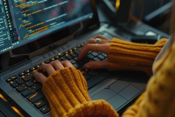 Canvas Print - A woman busy typing on a laptop computer. Suitable for technology and business concepts