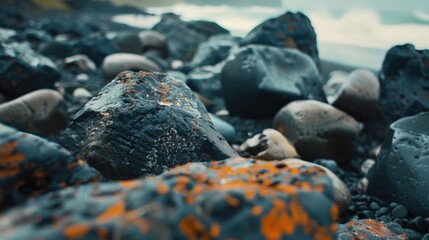 Wall Mural - A collection of rocks scattered on a sandy beach, suitable for nature or coastal themes