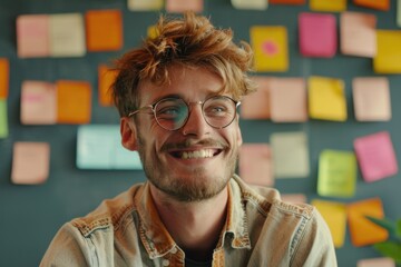 Sticker - A man with glasses smiling in front of a wall of colorful post-it notes. Ideal for business and organization concepts