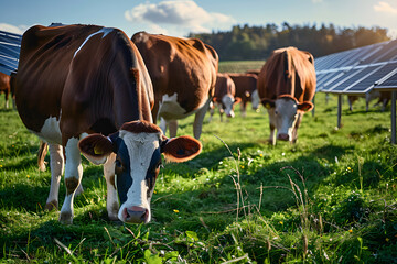 Sustainable energy and agriculture concept with cows grazing between solar panels