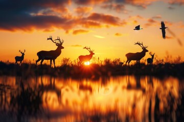  A group of deer standing on a grass covered field, suitable for nature and wildlife themes