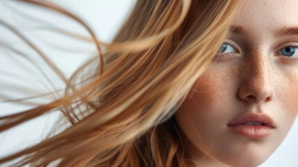 Wall Mural - Close up of a woman with freckles on her face, suitable for beauty and skincare concepts