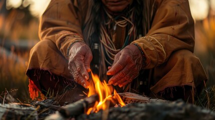 A person sitting in front of a fire. Suitable for cozy atmosphere concepts