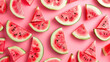 a group of slices of watermelon are arranged on a pink surface with black dots on the top of the slices.