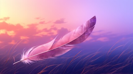 Wall Mural - a close up of a bird's feather on a blurry background with a sky and clouds in the background.