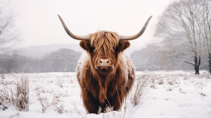 a yak standing in a snowy field with trees in the background and snow on the ground and grass in the foreground.