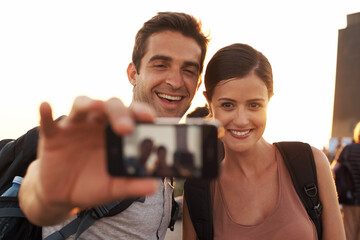 Canvas Print - Outdoor, selfie or happy couple hiking for travel for vacation memory, holiday or sightseeing in city. Photo, people and romantic man with a woman for adventure or tourism in Rio de Janeiro, Brazil