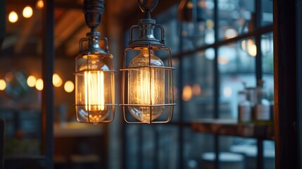 Canvas Print - a couple of lights hanging from the side of a metal pole in front of a window with a bar in the background.