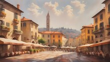 Panorama Of Italian Summer Cityscape. Oil Painting Of Old City Center. Toskana Landscape