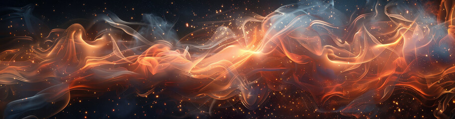 Abstract wave in orange, gold, and blue with stars and galaxy space flame on black background, cosmic and vibrant