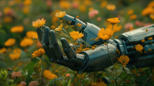 Anthropomorphic Robot Hand Holding Little Yellow Flowers On The Meadow