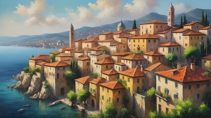 Panorama of Italian summer cityscape. Oil painting of old city center. Toskana landscape