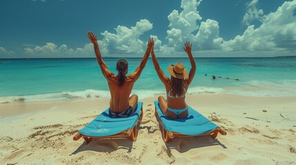 Wall Mural - Two happy people having fun on the beach, sitting on blue sunbed with hands raised up, spending leisure time together. Summer holidays concept. Tourism. Travelers.