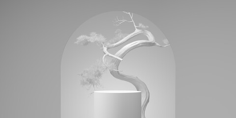 Wall Mural - japanese style abstract product background pedestal and bonsai tree, white background for product pr