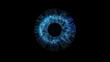 © M - an eye made of blue digital particles, a futuristic pupil or iris made of blue elements, on a black background, cyber tecnology concept