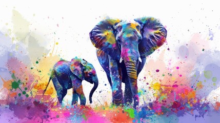 Sticker - a couple of elephants standing next to each other on top of a lush green field with colorful paint splatters.