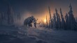 A mammoth makes its way through a snowy forest as the sun sets