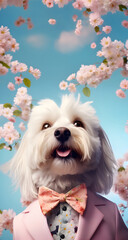 Wall Mural - Creative animal concept. Havanese dog puppy in smart suit, surrounded in a surreal garden full of blossom flowers floral landscape. advertisement commercial editorial banner card	
