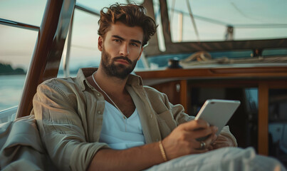 Wall Mural - Serious and peaceful guy sits on board of yacht. Handsome man holds and looks at tablet