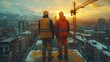 Silhouette of Engineer and worker checking project at building site background, construction site at sunset in evening time.