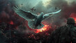 Harmony Amidst Chaos: Dove Soaring Over Battlefield Tragedy. A conceptual image of a dove flying over a battlefield.  The wings of the dove white and pure.