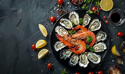 Wall Mural - Top view of seafood platter shellfish oysters sea urchin and balsamic sauce