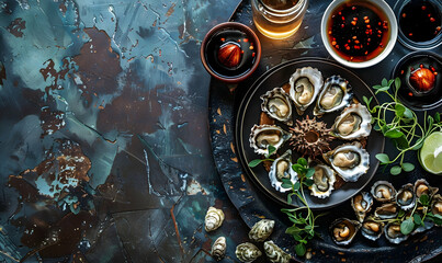 Wall Mural - Top view of seafood platter shellfish oysters sea urchin and balsamic sauce