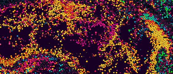 Wall Mural - Colorful gradient dots randomly flowing and swirling in liquid stream. Chaotic motion of small colorful circles. Abstract dynamic particles background for banner, flyer, poster. Vector Illustration