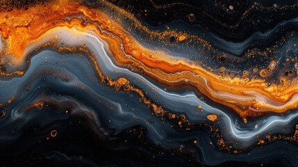 Canvas Print - a close up of a liquid painting with a black background and gold and white swirls on the bottom of the image.