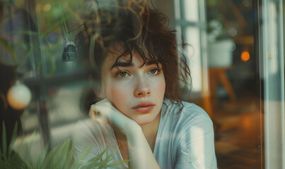 Wall Mural - young pensive office worker in casualwear looking through window while thinking of ideas and writing