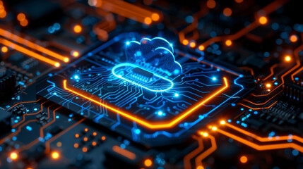 Close up of circuit board with cloud computing icon. sensors and cloud-based software concept.