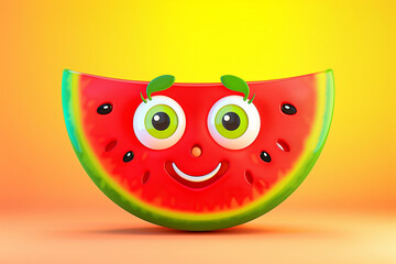 Cute smiling red watermelon slice cartoon character on a yellow background. Healthy lifestyle concept. Eco farming. Sustainable living.