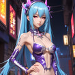 Anime girl, manga girl, skinny young girl in purple sexy tight costume, heroine pose, blue hair, dark city background  - 07
