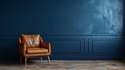 Wall Mural - Mock up Modern interior of living room with leather armchair on wood flooring and dark blue wall, copy space.