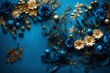 Composition of blue gold artificial flowers on a blue background