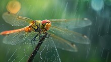A Close Up Of A Dragonfly On A Plant With Drops Of Water On It's Wings And Wings.