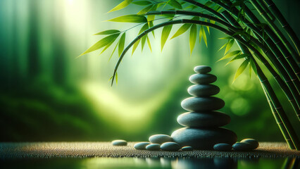 Balanced Rock Stack for Meditation with Green Background