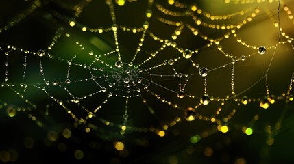 Wall Mural - a close up of a spider web with drops of dew on the spider's web, with a green background.