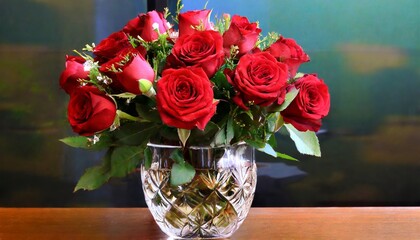 a vase that has a red roses inside of it, in the style of sharp focus, made of crystals, abbott fuller graves, symmetrical arrangements, romantic use of light, uhd image, louis majorelle