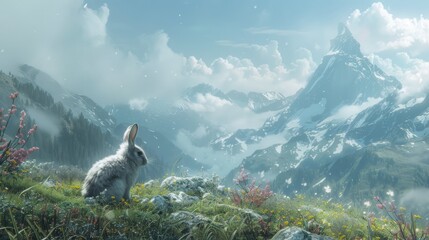 Wall Mural - Bunny Hare sitting in Nature and watching. AI Generative