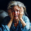 In the Quiet, Feelings Resound - Silent Desperation of an Elderly Woman with silver hair in a dimly lit room.