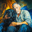 A Gentle Embrace: Loyalty and Love in Old Age. An elder man sits with his black dog, their shared gaze reflecting a sense of somber introspection.