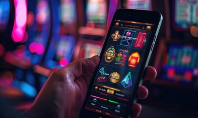 A gamer holding a mobile phone with online casino app interface, neon glowing
