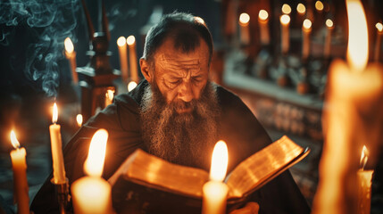 Wall Mural - An aged bearded orthodox christian monk reading bible