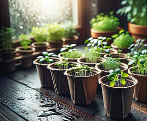 Wall Mural - Potted seedlings growing in biodegradable peat moss pots on wooden background