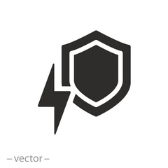 electricity safety icon, surge protection, shield of overload, current shock safe, flat symbol on white background - vector illustration